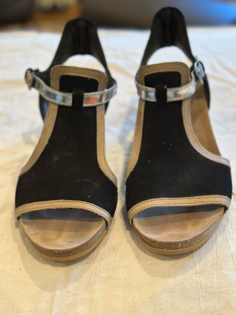Naot Black and Tan T-Strap Wedge Sandals with Metallic Buckle Size 8.5